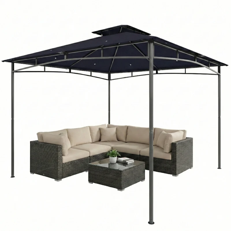 Outsunny 10' x 10' Gazebo, Soft Top Outdoor Gazebo with 2-Tier Roof, Metal Frame, Navy Blue