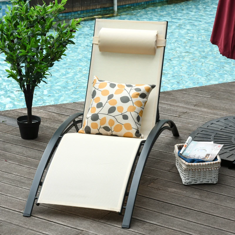 Outsunny Patio Lounge Chair, Aluminum Reclining Outdoor Tanning Chair with 5-Level Adjustable Backrest, Head Pillow and Breathable Mesh Fabric, for Pool, Deck, Garden, Beige
