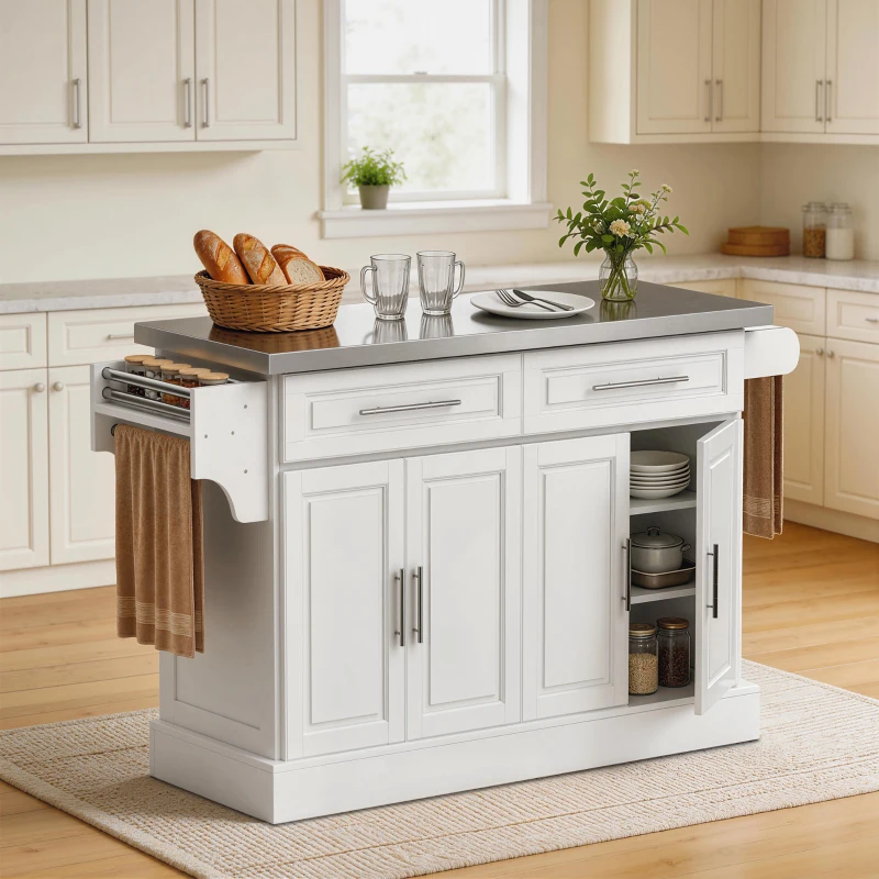 HOMCOM Rolling Kitchen Island Cart with 47" Stainless Steel Top, Portable Island Table for Kitchen with Wheels, Adjustable Shelves, 2 Drawers, Spice, Knife and Towel Rack, White