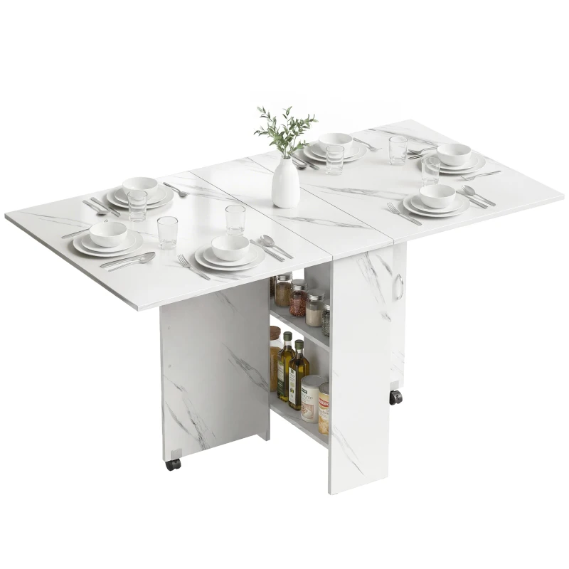 HOMCOM Extendable Dining Table, Collapsible Folding Table with 2-tier Shelves and Rolling Casters, Marble White