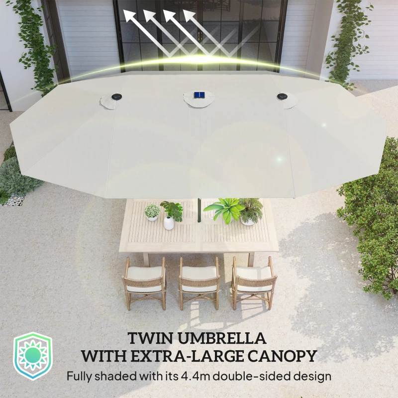Outsunny 173" Double-Sided Sun Umbrella Garden Parasol Patio Sun Shade Outdoor with LED Solar Light, Cream White