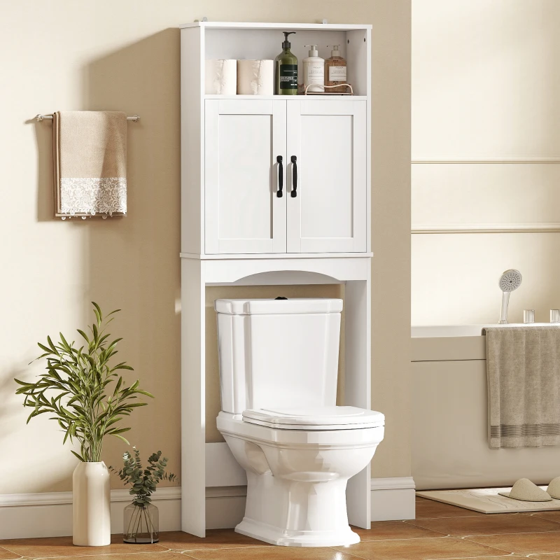HOMCOM Over the Toilet Storage Cabinet Freestanding Bathroom Organizer with 2 Doors and Open Shelf White