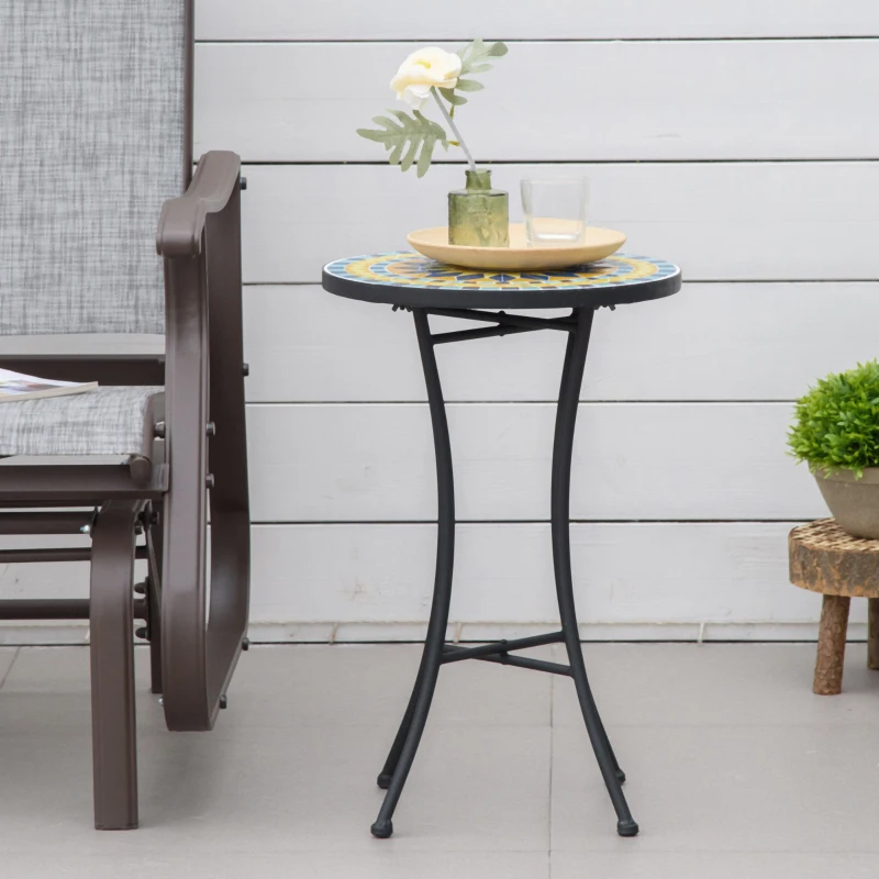 Outsunny Mosaic Patio Table, Round Coffee Table with Metal Frame, Garden Furniture for Outdoor, Poolside, Yellow