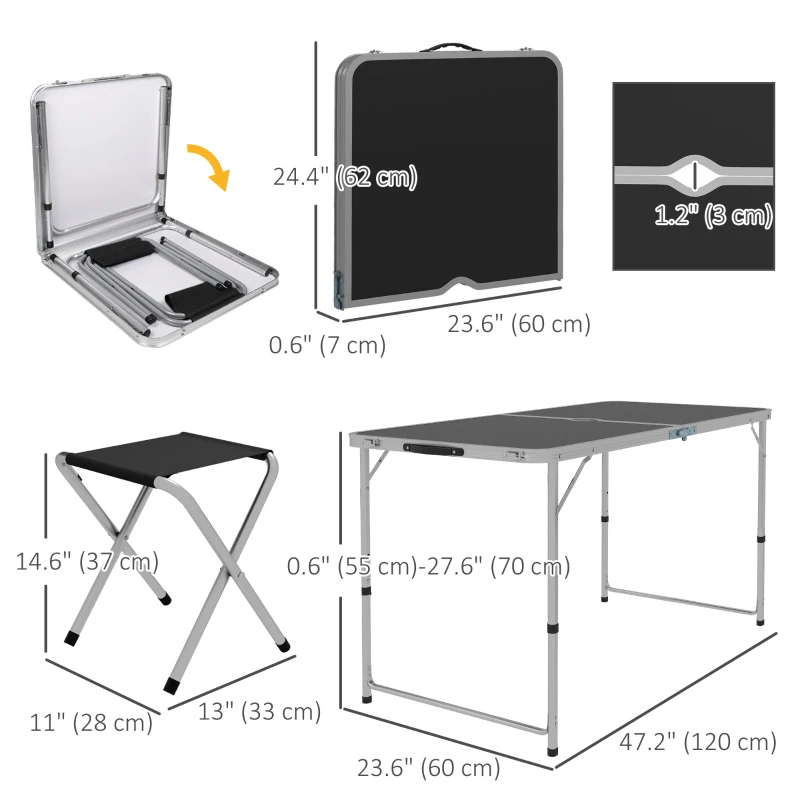 Outsunny Folding Picnic Table Camping Table and Chairs Use for BBQ Picnic Garden Parties 47.2" L x 23.6" W x 21.7" -27.6" H Black
