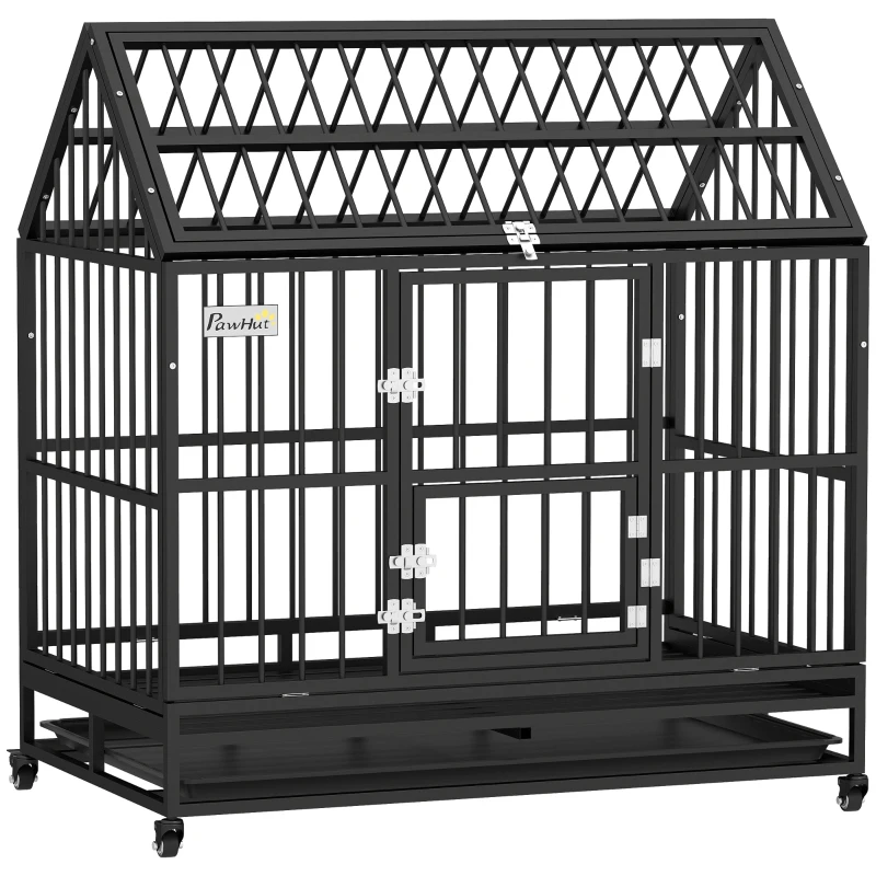 PawHut 48" Heavy Duty Dog Crate with 4 Lockable Wheels, Double Doors, and Removable Tray, for XL and L Dogs