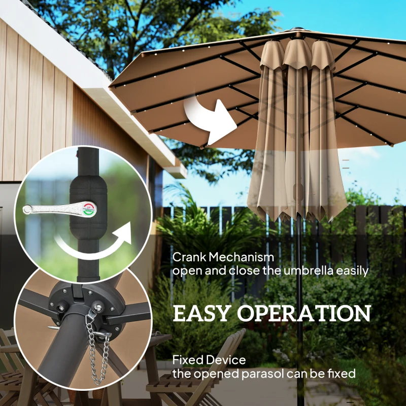 Outsunny 174" Double-Sided Sun Umbrella Garden Parasol Patio Sun Shade Outdoor with LED Solar Light, Khaki