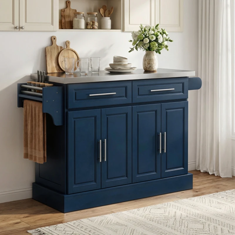 HOMCOM Rolling Kitchen Island with Stainless Steel Top, 2 Drawers, Spice, Knife and Towel Rack and Cabinets, Navy Blue