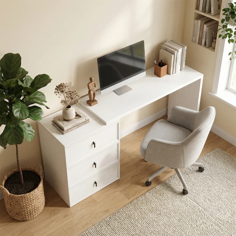 HOMCOM L Shaped Computer Desk Home Office Desk with 3 Drawers White Wood Grain