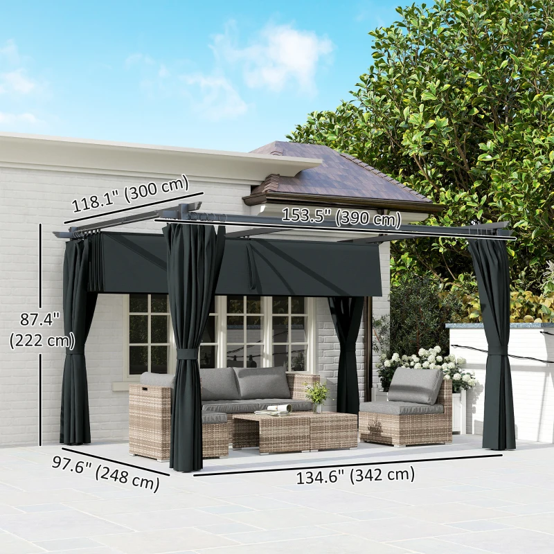 Outsunny 10' x 13' Pergola with Retractable Canopy and Curtains, UPF30+ Sun Shade Shelter for Grill, Garden, Backyard, Deck