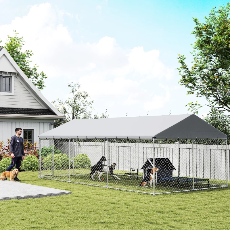 PawHut Heavy Duty Outdoor Dog Kennel with Waterproof Roof, 2 Secure Latches, Chain Link Dog Run for Backyard, 20' x 10' x 7'
