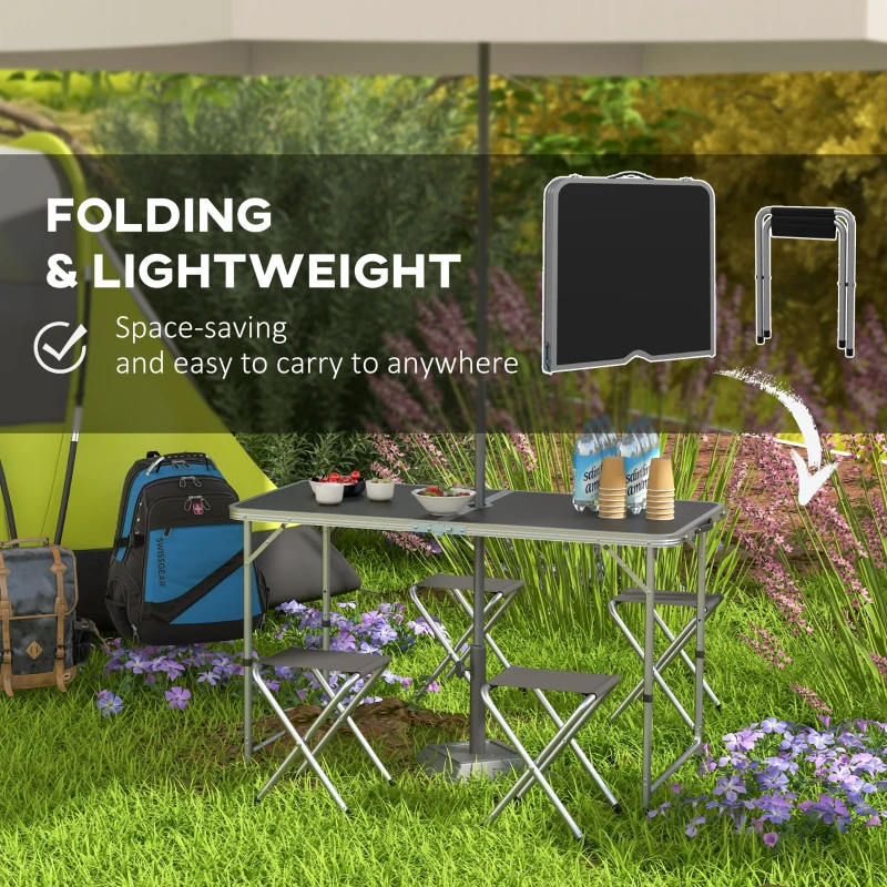 Outsunny Folding Picnic Table Camping Table and Chairs Use for BBQ Picnic Garden Parties 47.2" L x 23.6" W x 21.7" -27.6" H Black