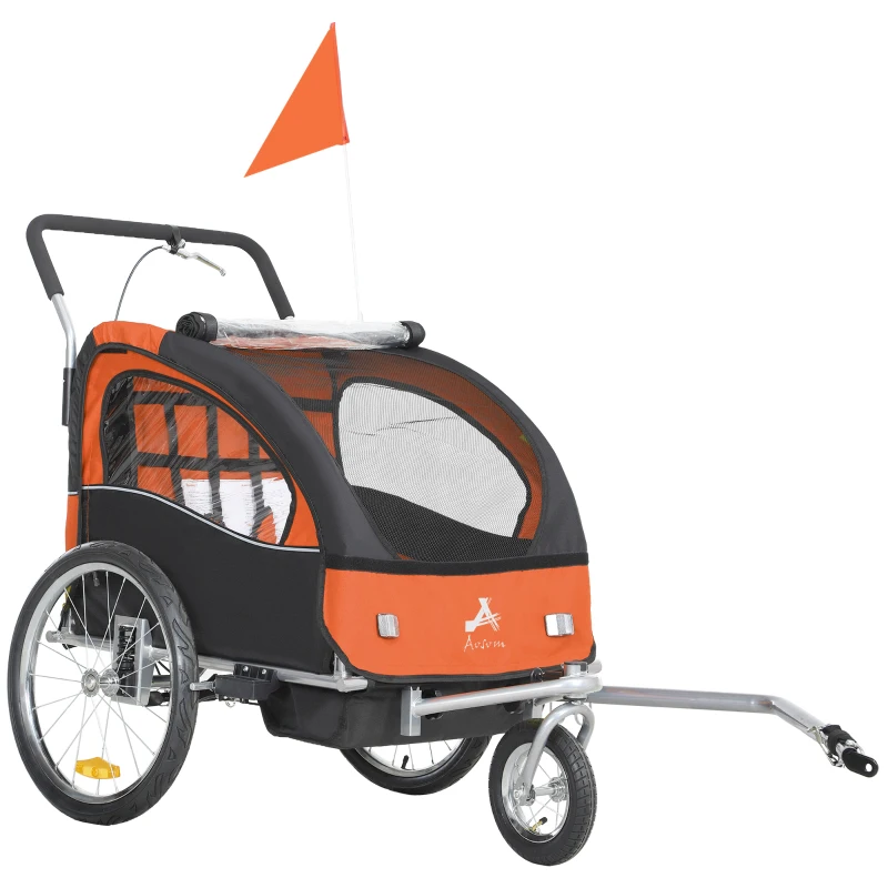 Aosom 2-in-1 Bike Trailer for Kids, Foldable 2-Seat Baby Stroller with 5-Point Harness, Rubber Wheels, Storage Bag, Orange