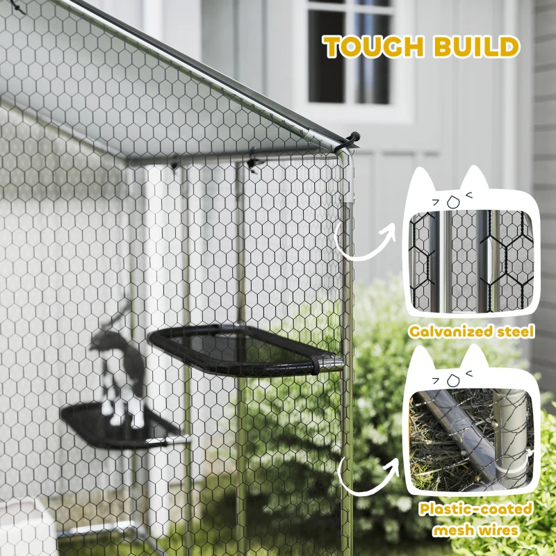 PawHut Large Catio Outdoor Cat Enclosure with Waterproof Cover, Walk-in Cat Patio w/ 5 Adjustable Platforms & Hammock 94.5" W