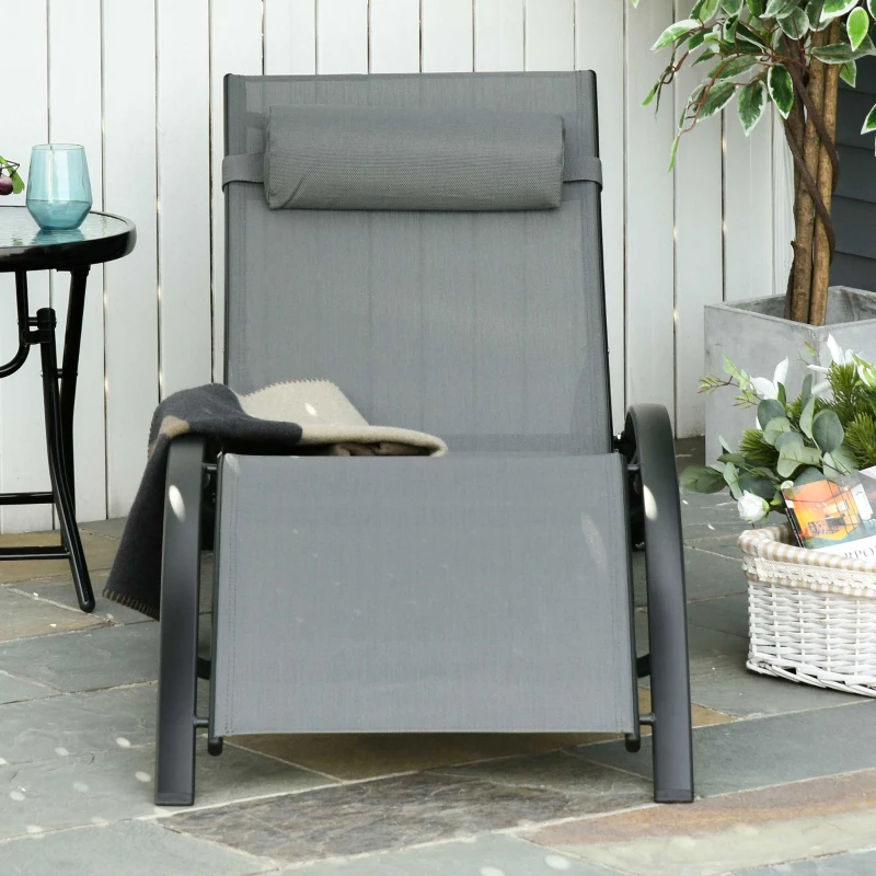 Outsunny Patio Lounge Chair, Aluminum Reclining Outdoor Tanning Chair with 5-Level Adjustable Backrest, Head Pillow and Breathable Mesh Fabric, for Pool, Deck, Garden, Grey
