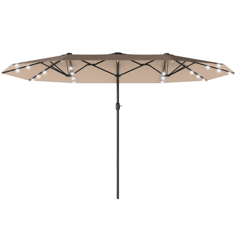 Outsunny 174" Double-Sided Sun Umbrella Garden Parasol Patio Sun Shade Outdoor with LED Solar Light, Khaki