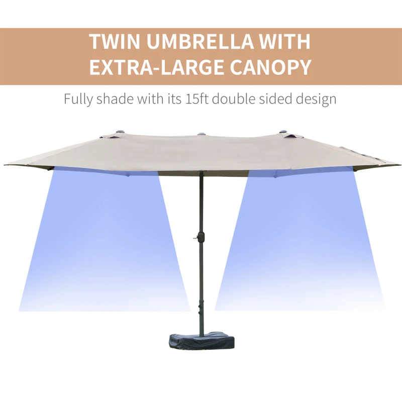 Outsunny 15' Outdoor Patio Umbrella with Twin Canopy Sunshade Steel Table Umbrella w/ Lift Crank, Cross base, Sandbag, Light Grey