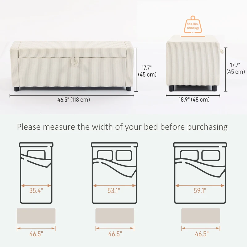 HOMCOM Storage Ottoman, Upholstered Corduroy End of Bed Bench with Thick Padding, Storage Bench for Bedroom, Beige