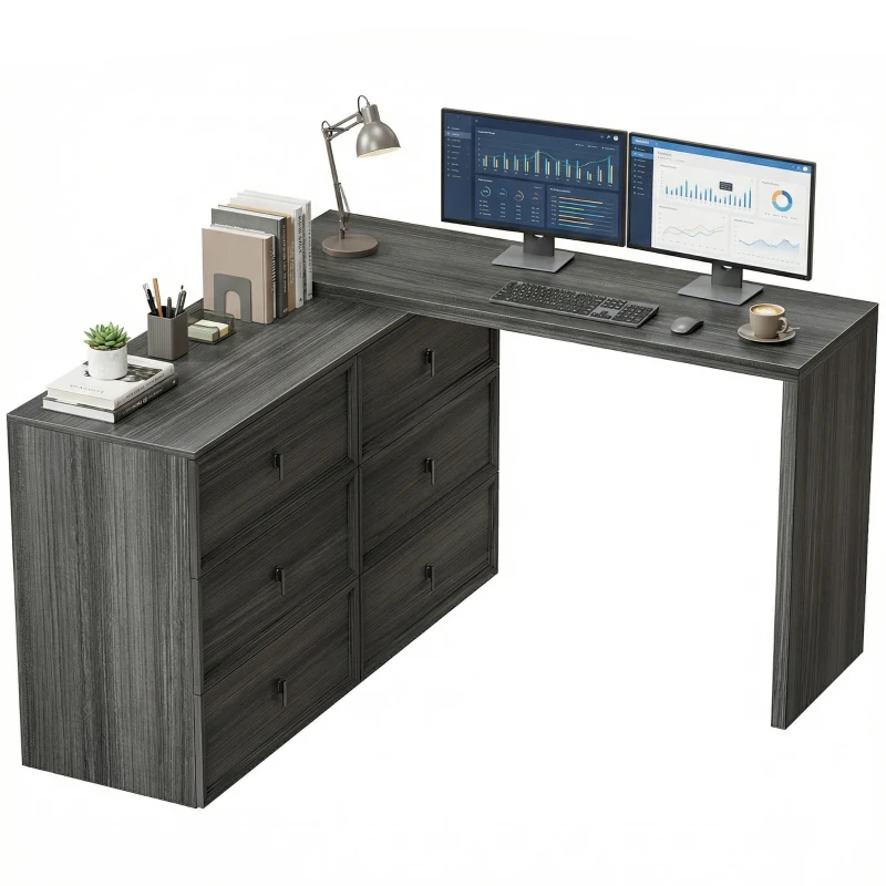 HOMCOM L Shaped Computer Desk Home Office Desk with 6 Drawers Black Wood Grain