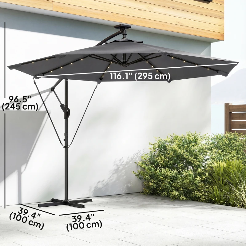 Outsunny 9.7ft Solar LED Cantilever Patio Umbrella with 32 LED Lights, Cross Base, Crank Handle, for Poolside, Deck, Dark Grey