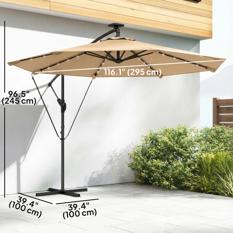 Outsunny 9.7ft Solar LED Cantilever Patio Umbrella with 32 LED Lights, Cross Base, Crank Handle, for Poolside, Deck, Khaki