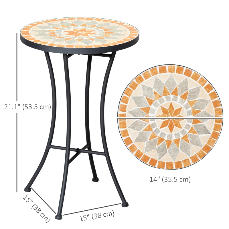 Outsunny Mosaic Patio Table, Round Coffee Table with Metal Frame, Garden Furniture for Outdoor, Poolside, Yellow & Grey
