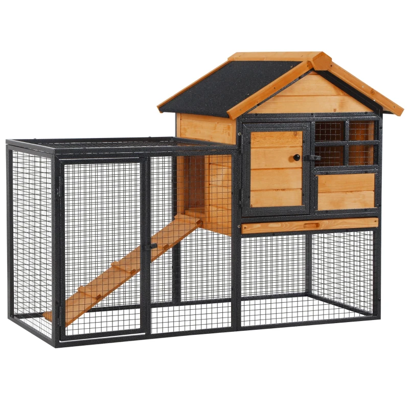 PawHut Rabbit Hutch Outdoor, 48"L Large Wooden Bunny Cage with Run Box, Removable Plastic Tray, Asphalt Roof, Ramp, Guinea Pig Cage for 1-2 Small Animals Backyard Garden, Yellow