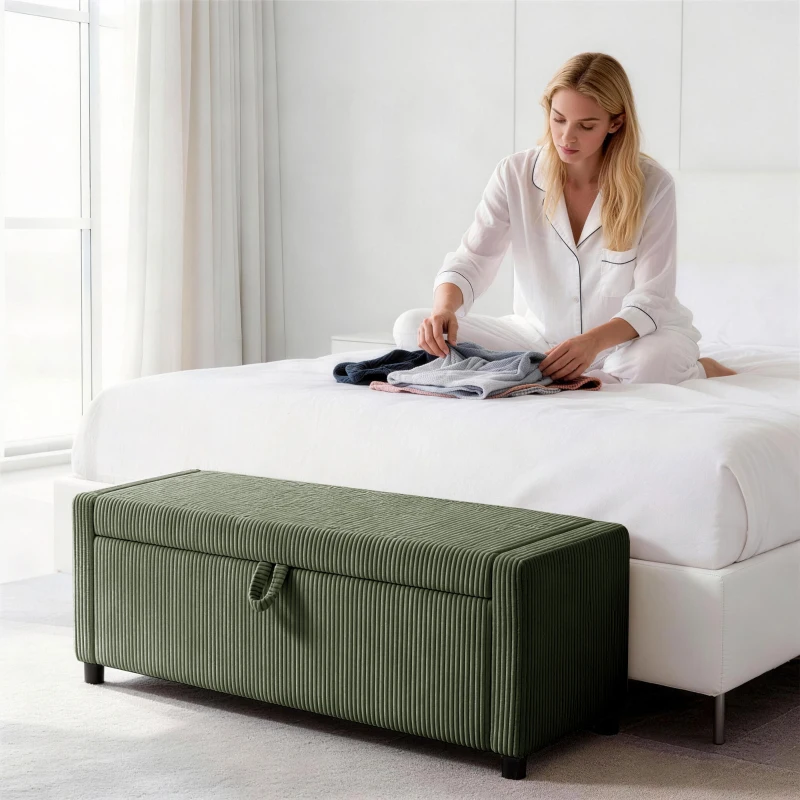 HOMCOM Storage Ottoman, Upholstered Corduroy End of Bed Bench with Thick Padding, Storage Bench for Bedroom, Dark Green
