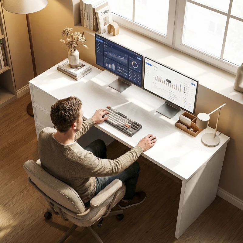 HOMCOM L Shaped Computer Desk Home Office Desk with 3 Drawers White Wood Grain