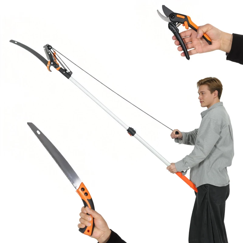 Outsunny 2-In-1 Manual Pole Saw, Hand Pruning Saw, Secateurs with Safety Lock, 6.5ft Aluminium Telescopic Pole Pruner