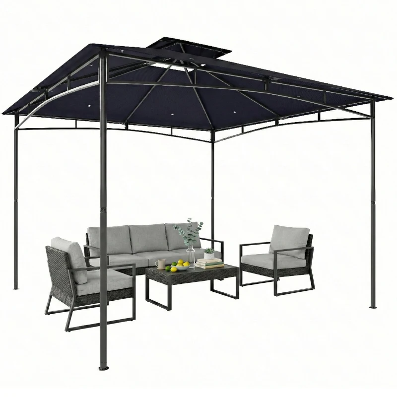 Outsunny 10' x 10' Gazebo, Soft Top Outdoor Gazebo with 2-Tier Roof, Metal Frame, Navy Blue