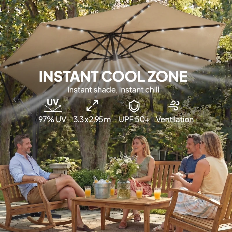 Outsunny 9.7ft Solar LED Cantilever Patio Umbrella with 32 LED Lights, Cross Base, Crank Handle, for Poolside, Deck, Khaki