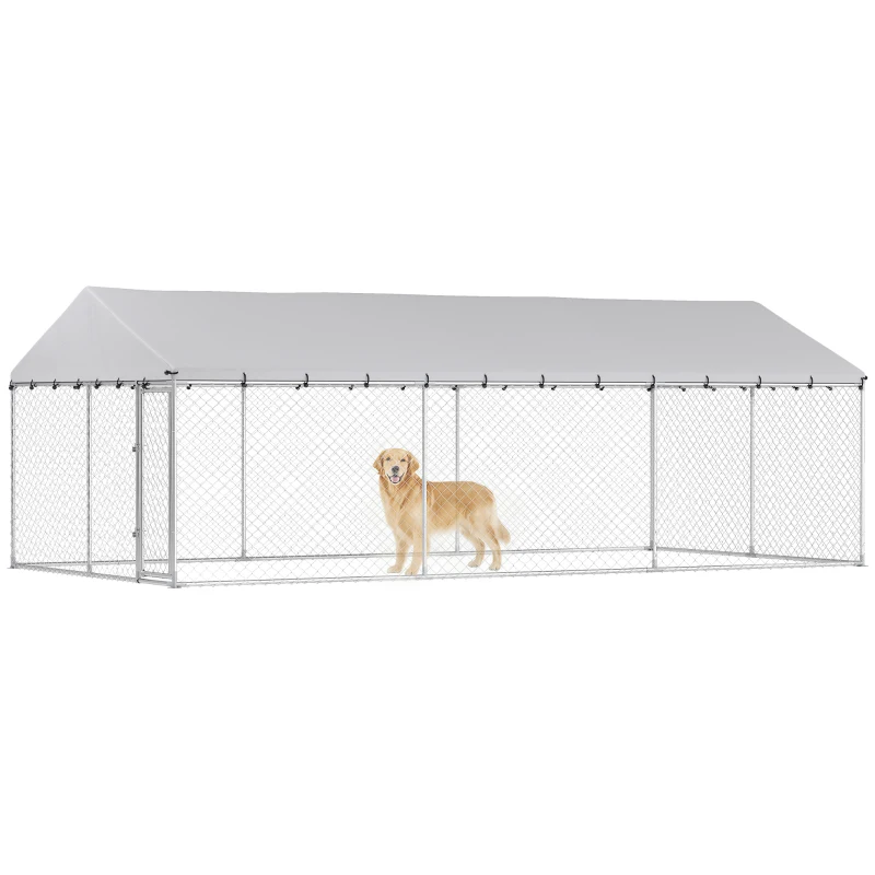 PawHut Heavy Duty Outdoor Dog Kennel with Waterproof Roof, 2 Secure Latches, Chain Link Dog Run for Backyard, 20' x 10' x 7'