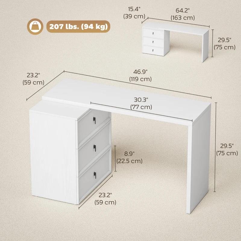 HOMCOM L Shaped Computer Desk Home Office Desk with 3 Drawers White Wood Grain
