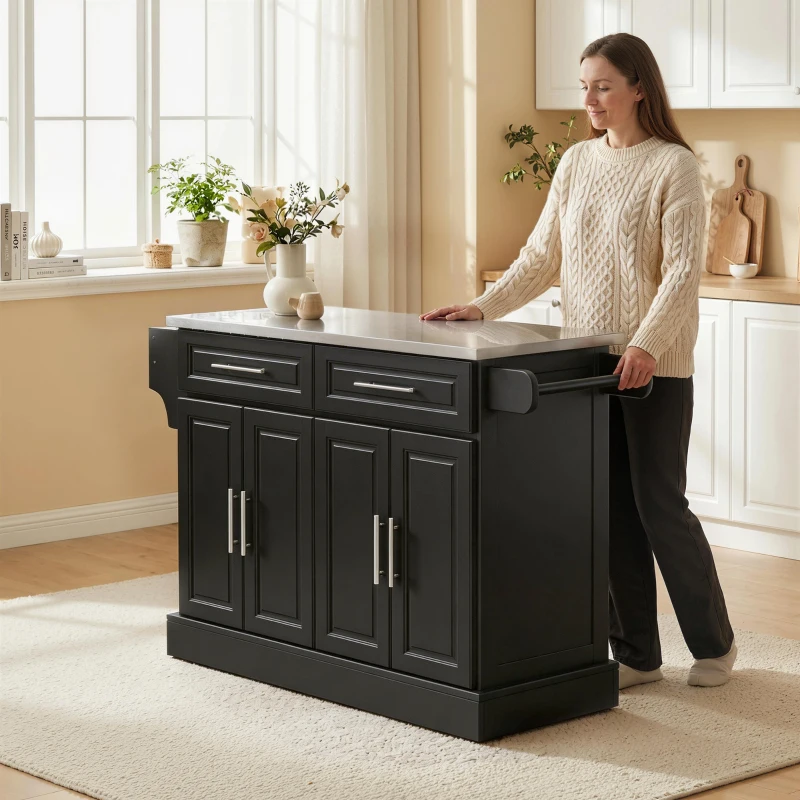 HOMCOM Rolling Kitchen Island Cart with 47" Stainless Steel Top, Portable Island Table for Kitchen with Wheels, Adjustable Shelves, 2 Drawers, Spice, Knife and Towel Rack, Black