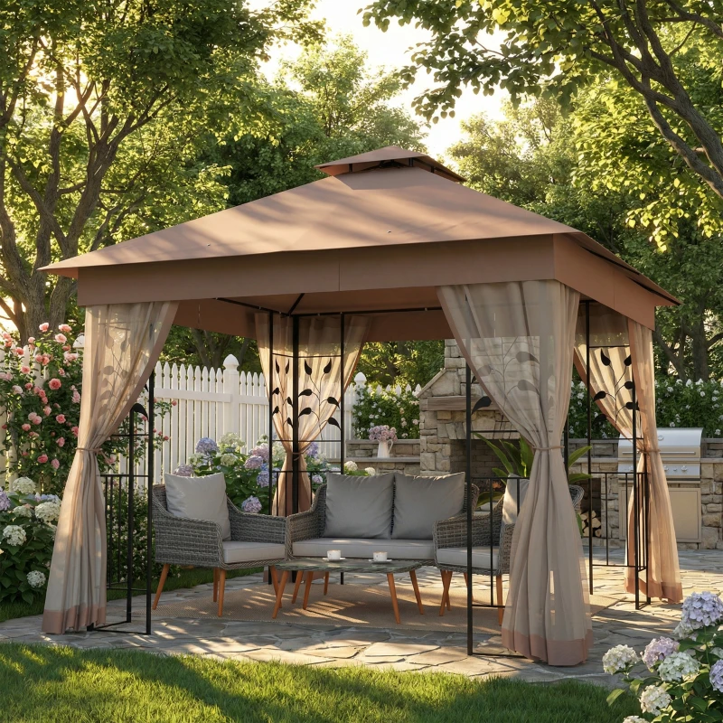 Outsunny 10'x10' Soft-top Steel Patio Gazebo Outdoor Sun Shelter with 2-Tier Polyester Roof, Curtain Sidewalls, Dark Brown