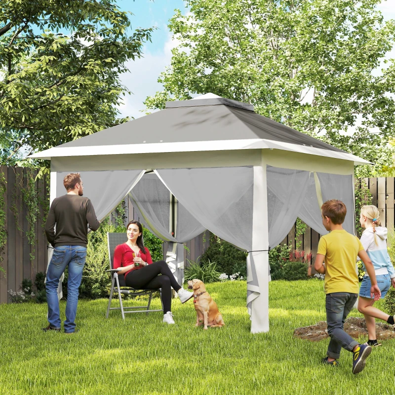 Outsunny 11' x 11' Pop Up Gazebo, Double Roof Foldable Height Adjustable Canopy Tent with Mesh Sidewalls, Carrying Bag, Dark Grey