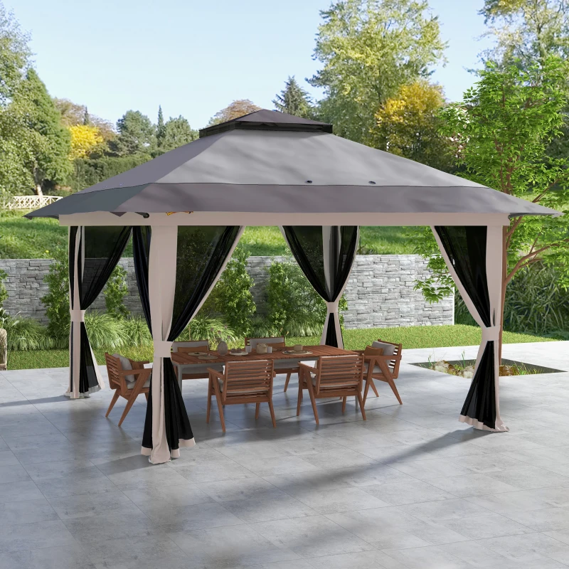 Outsunny 13' x 13' Pop Up Gazebo Instant Canopy Tent Shelter with 2-Tier Roof, Carry Bag, Wight Bags for Outdoor, Garden, Gray