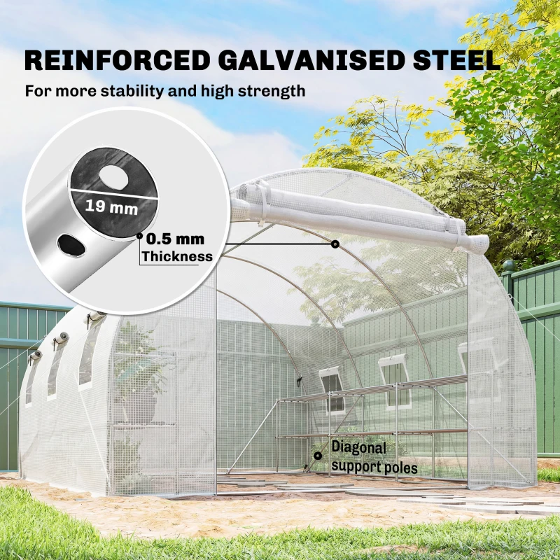 Outsunny 10'x11'x6' Walk-in Tunnel Greenhouse with Shelves, Mesh Door and Windows, Hoop House Greenhouse with PE Cover, White