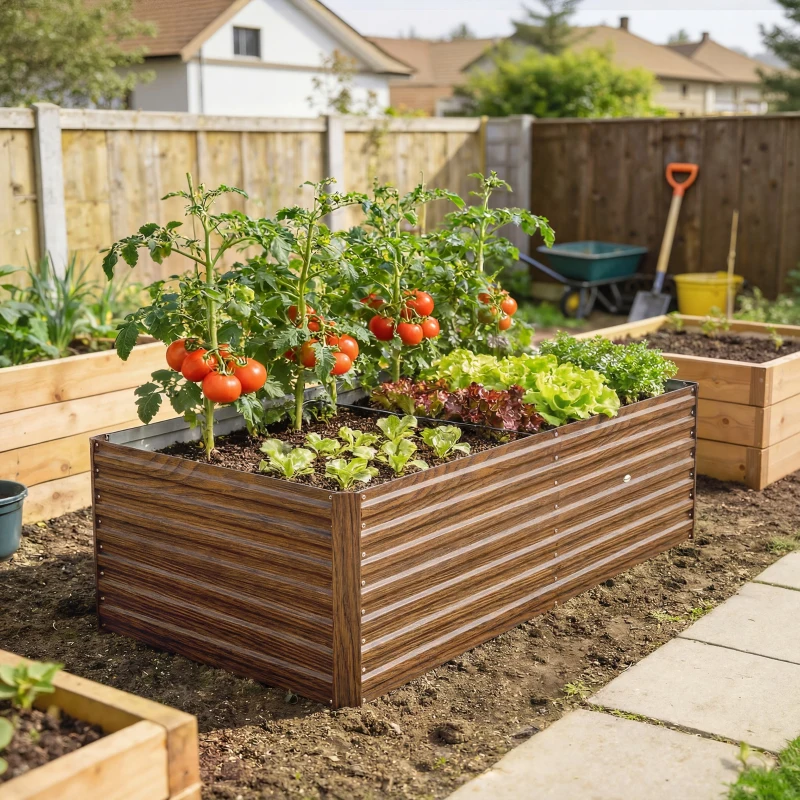 Outsunny 5' x 3' x 2' Raised Garden Bed, Galvanized Planter Box for Growing Flowers, Herbs and Vegetables Dark Brown Wood Effect