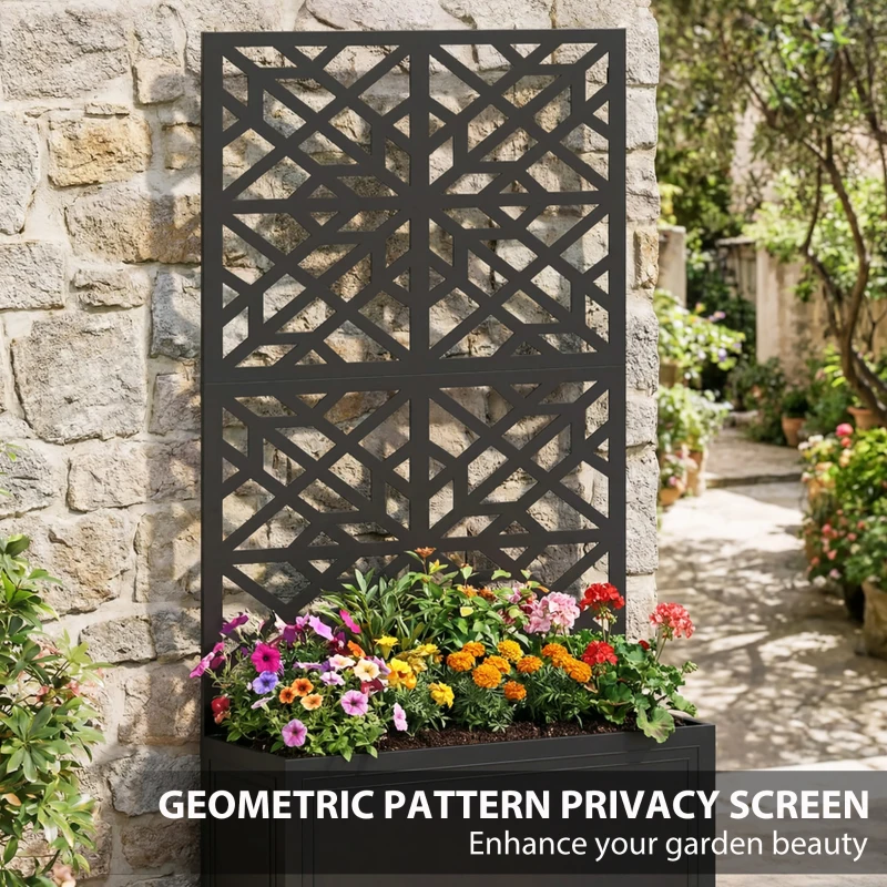 Outsunny Metal Raised Garden Bed with Trellis for Climbing Plants, Freestanding or Wall Mounted Flower Bed with Privacy Panel