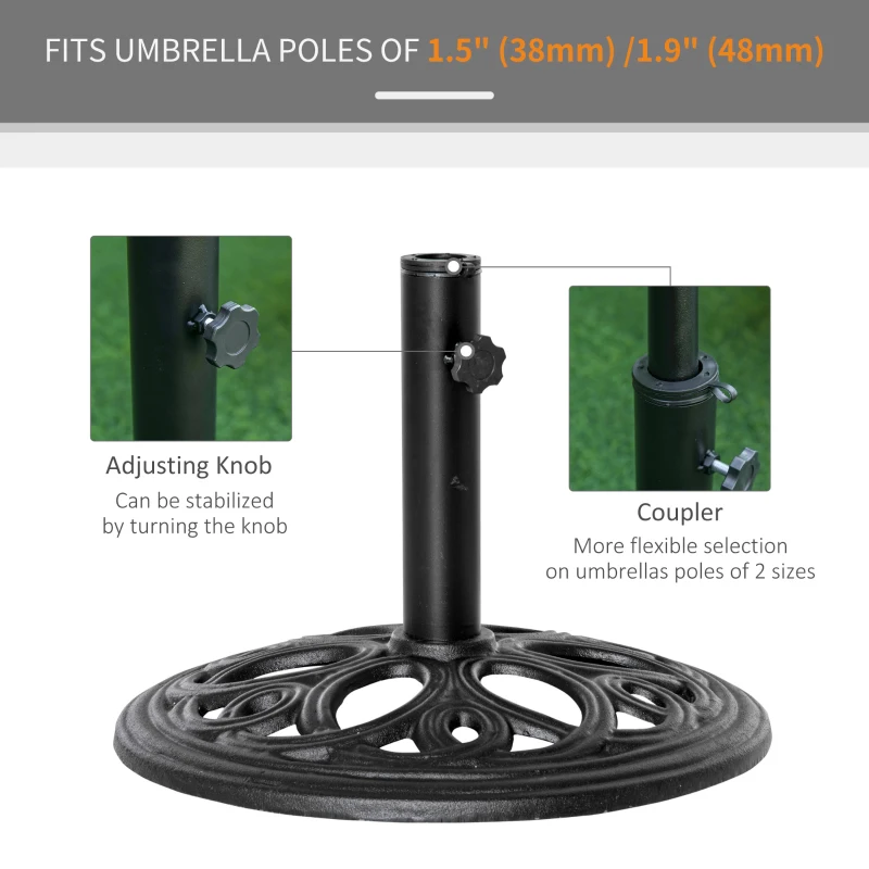Outsunny 25lbs Cast Iron Round Patio Umbrella Base Stand, Umbrella Holder for Outdoor, Patio, Garden, Deck and Beach, Fit Dia. 1.5", 2" Pole, Black