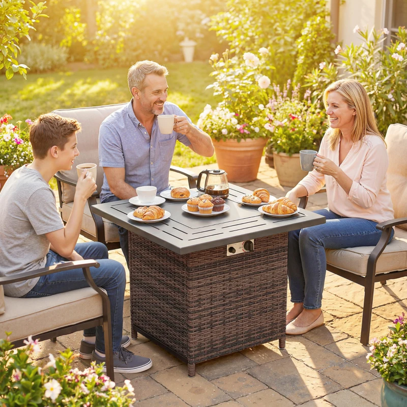 Outsunny Propane Fire Pit Table, 28 Inch 40,000 BTU Square Rattan Fire Table with Lava Rock, Pulse-Ignition Wicker Gas Fire Pit