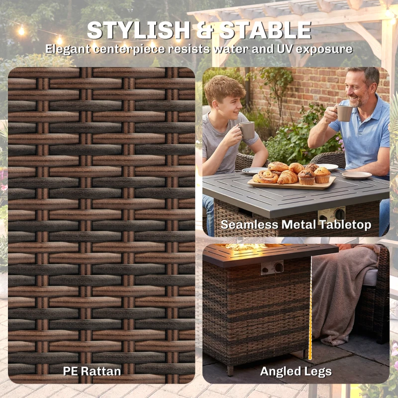 Outsunny Propane Fire Pit Table, 28 Inch 40,000 BTU Square Rattan Fire Table with Lava Rock, Pulse-Ignition Wicker Gas Fire Pit