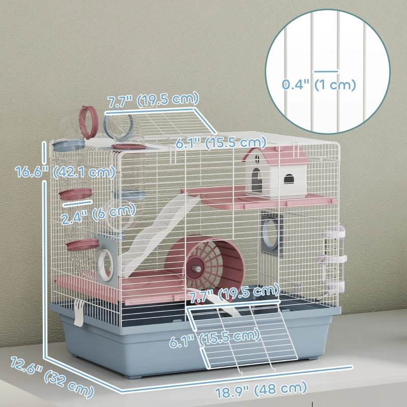 PawHut Hamster Cage, 3-Tier Small Animal Cage with Excerise Wheel, Food Bowl, Water Bottle, House, Tunnels, Ramps