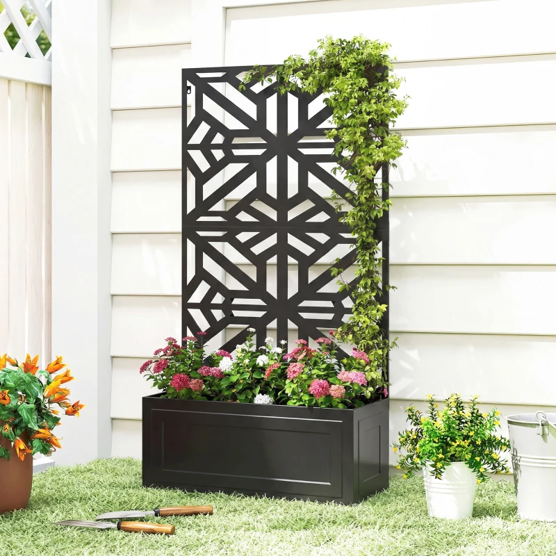Outsunny Metal Raised Garden Bed with Trellis for Climbing Plants, Freestanding or Wall Mounted Flower Bed with Privacy Panel