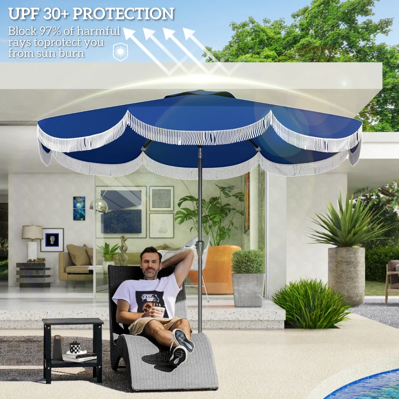 Outsunny 9FT Patio Umbrella Parasol, UPF 30+ Outdoor Market Umbrella with Crank, 8 Ribs, Push Button Tilt, Blue