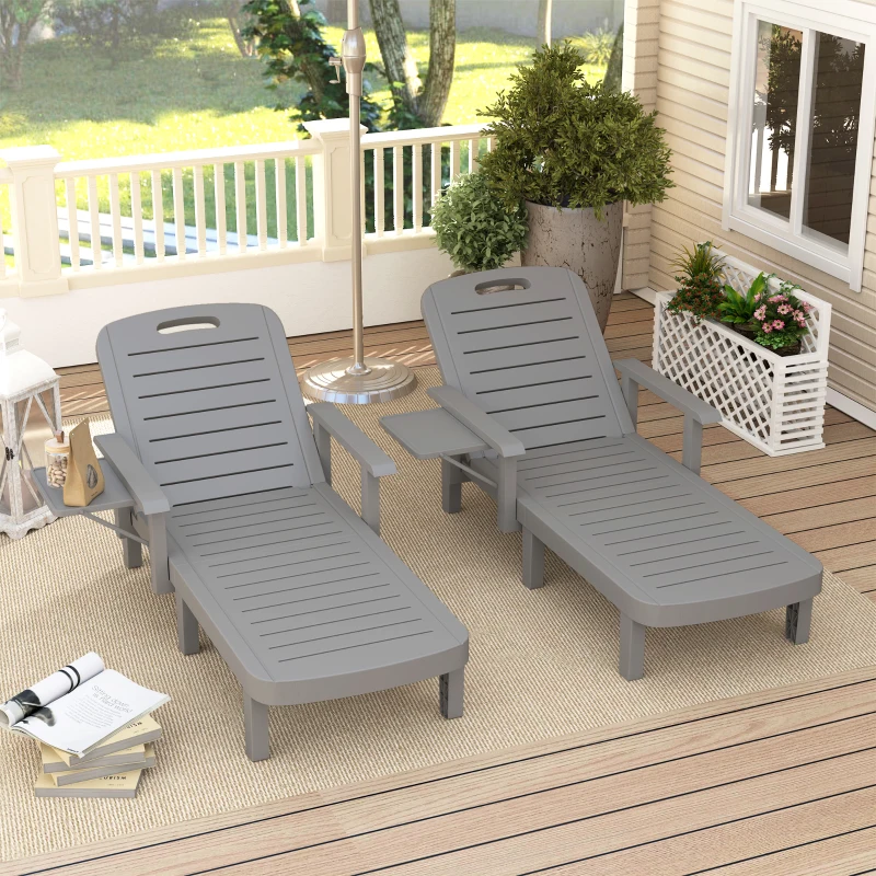 Outsunny Set of 2 Tanning Chair, 5 Positions Adjustable Outdoor Lounge Chairs with Foldable Side Table, Dark Grey