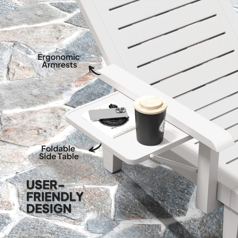 Outsunny Set of 2 Tanning Chair, 5 Positions Adjustable Outdoor Lounge Chairs with Foldable Side Table, White