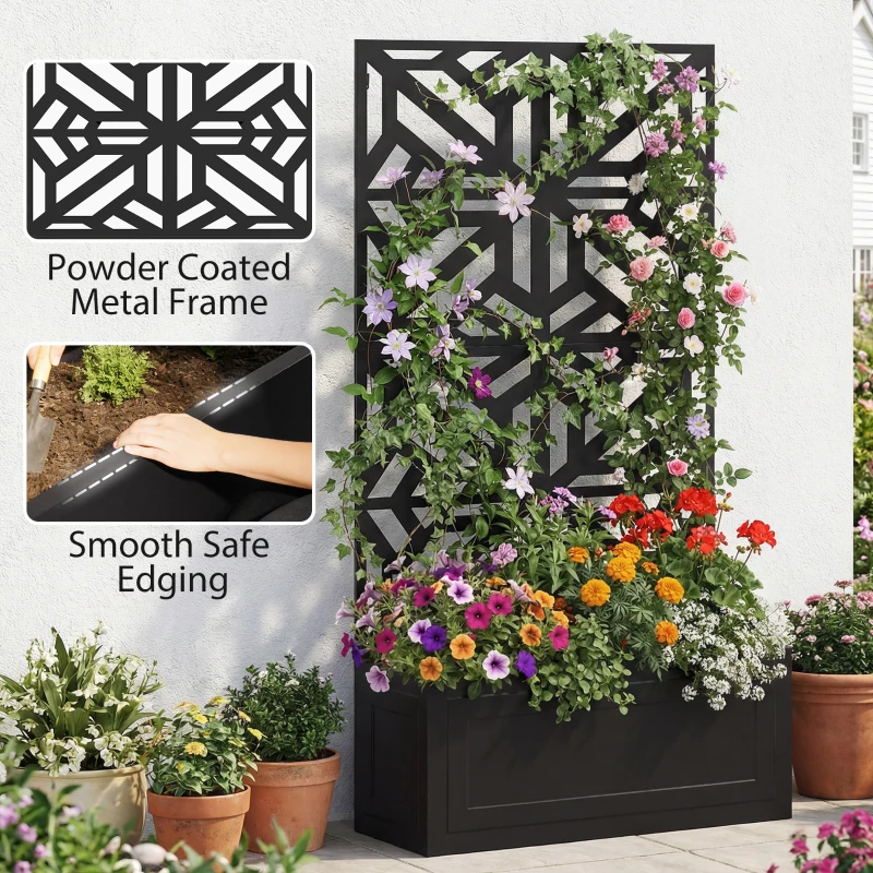 Outsunny Metal Raised Garden Bed with Trellis for Climbing Plants, Freestanding or Wall Mounted Flower Bed with Privacy Panel