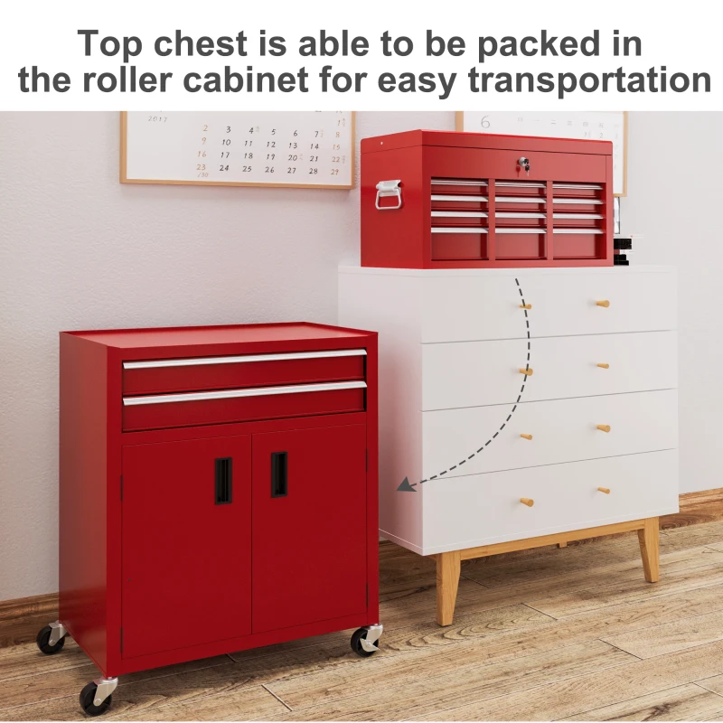 HOMCOM 6-Drawer Rolling Tool Chest, 2 in 1 Lockable Storage Cabinet with Hooks, Metal Tool Box for Garage, Workshop, Red